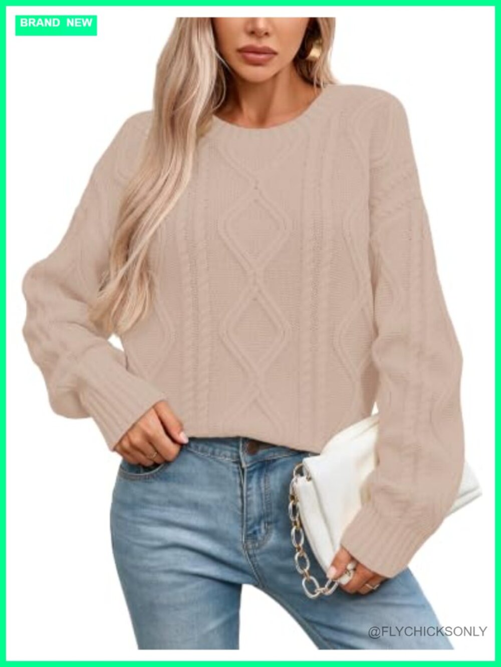 Oversized Chunky Cable Knit Crewneck Long Sleeve Pullover Sweater
